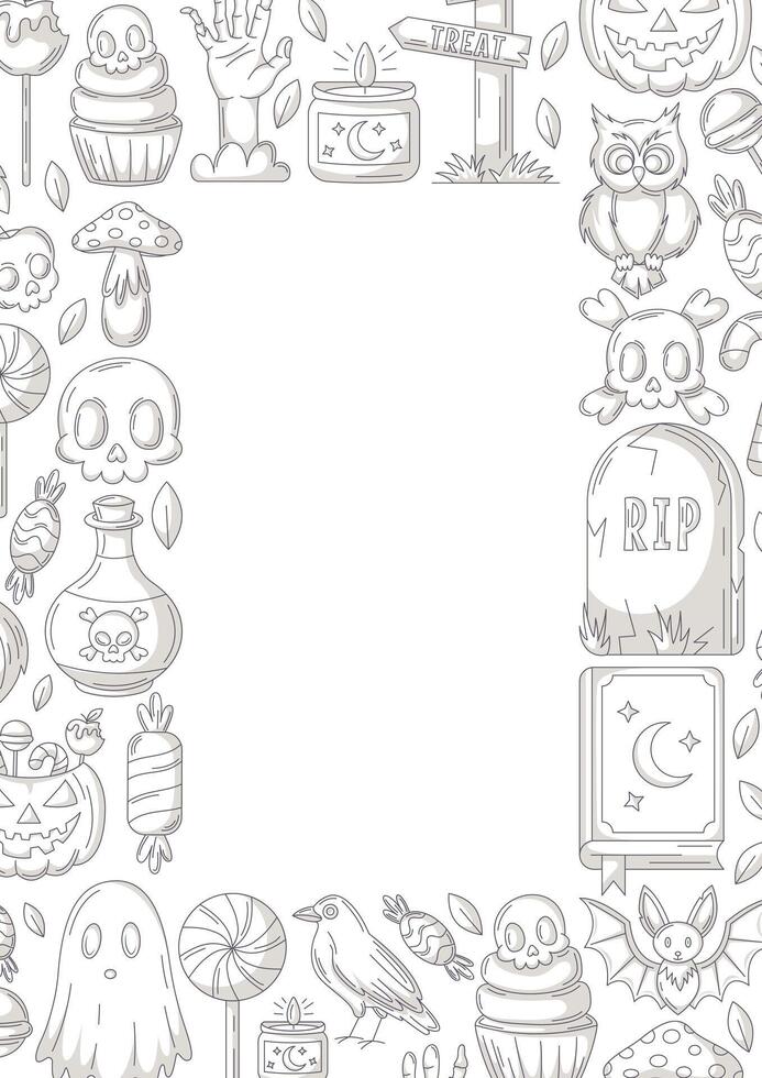 Halloween poster, vertical a4 background, space for text in the middle. Minimalist gray scary icons border frame. Spooky ghost, skull and bones, bat. For banner, invitation, party, planner vector