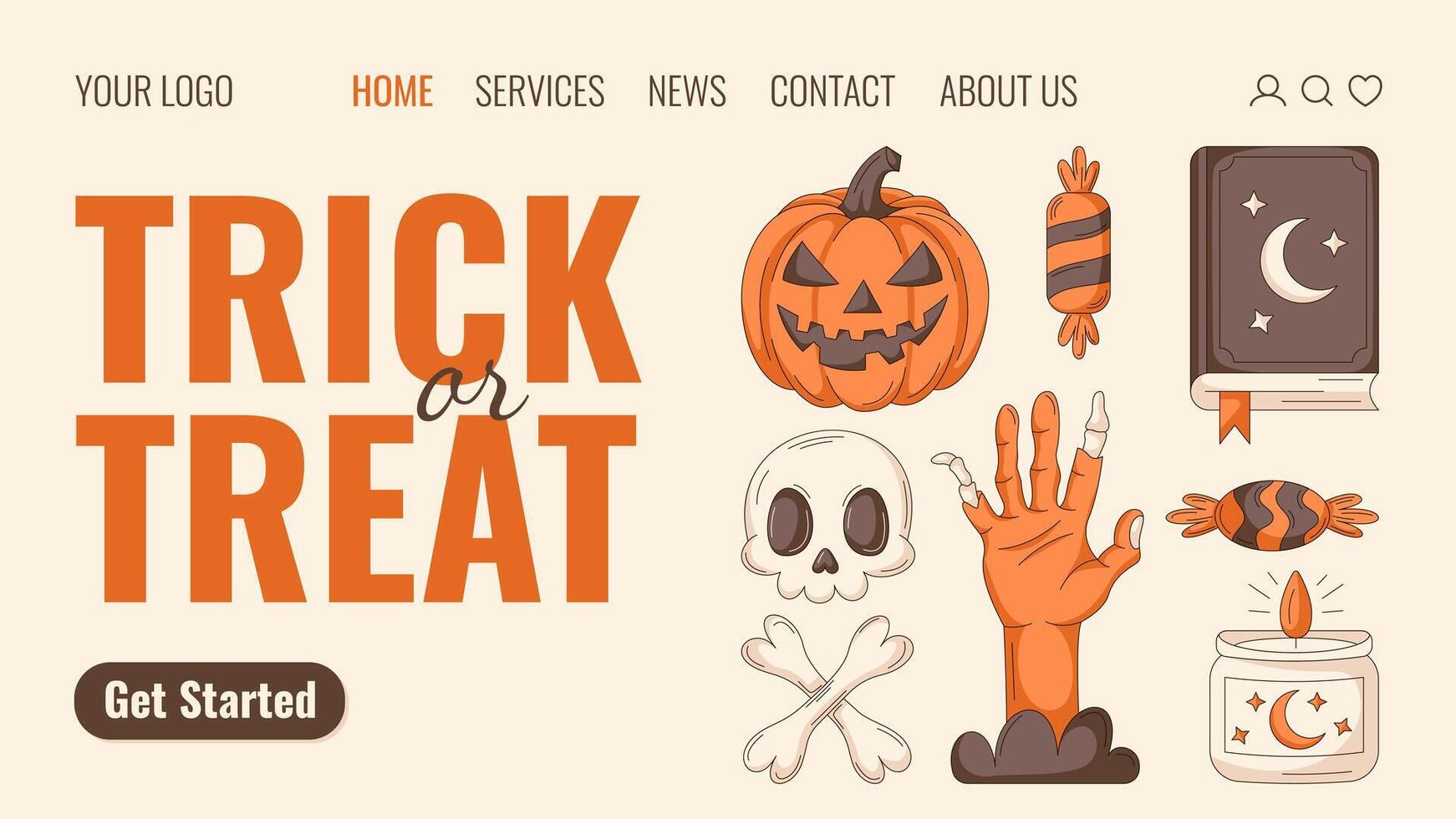 Halloween landing page template. Holiday flat illustration with pumpkin, candy, spell book, skull, bones, zombie hand, candle. For website, web page, online, banner, party. Celebration concept vector