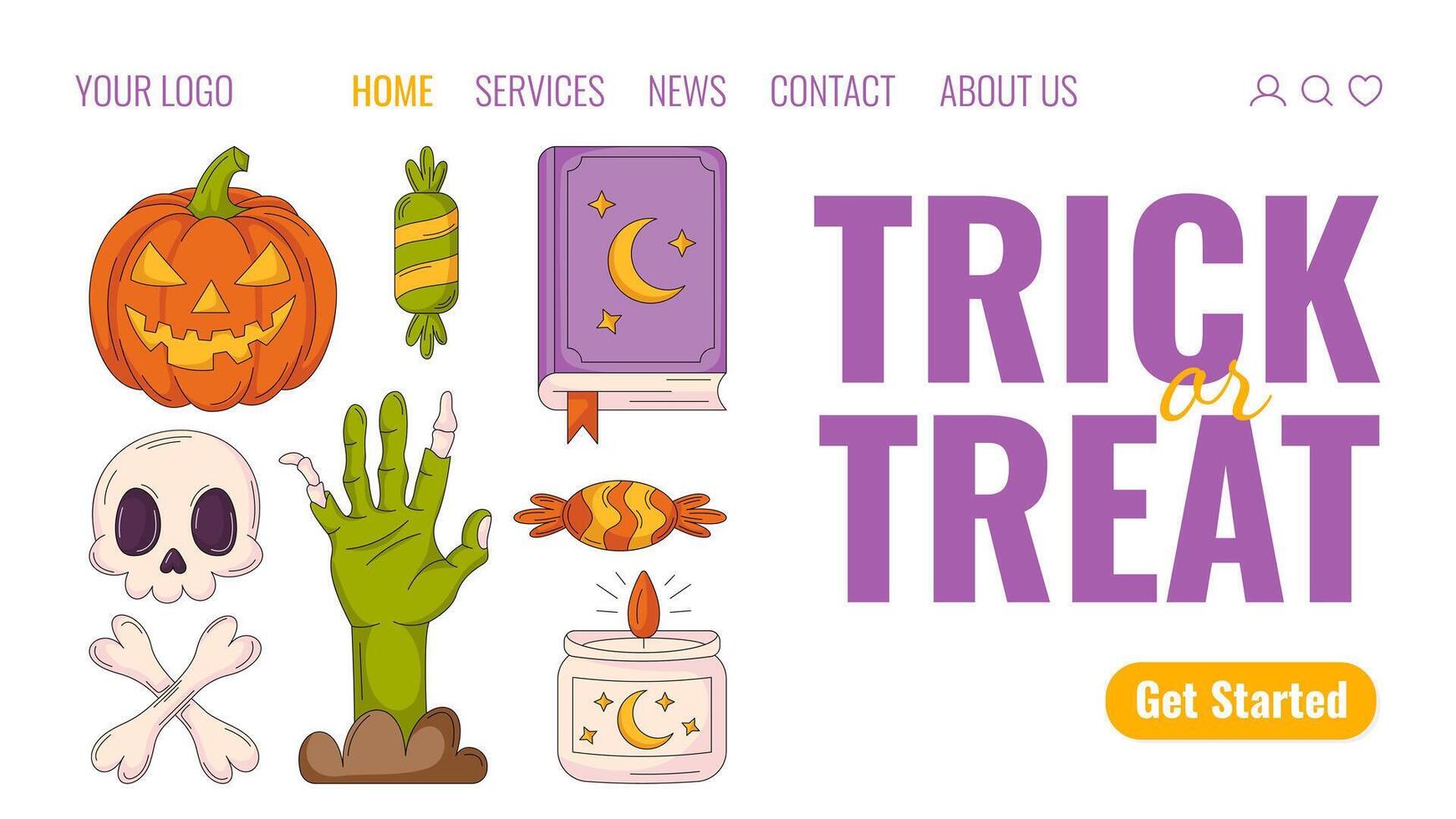 Halloween landing page template. Holiday flat illustration with pumpkin, candy, spell book, skull, bones, zombie hand, candle. For website, web page, online, banner, party. Isolated background vector