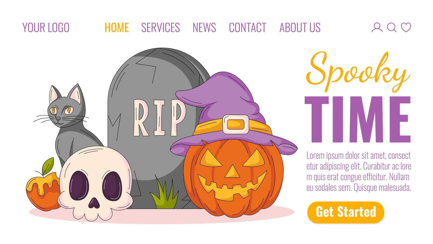 Halloween landing page template. Holiday flat illustration with black cat, pumpkin in witch hat, tombstone, skull. For website, web page, online, banner, party, invitation. Isolated background vector