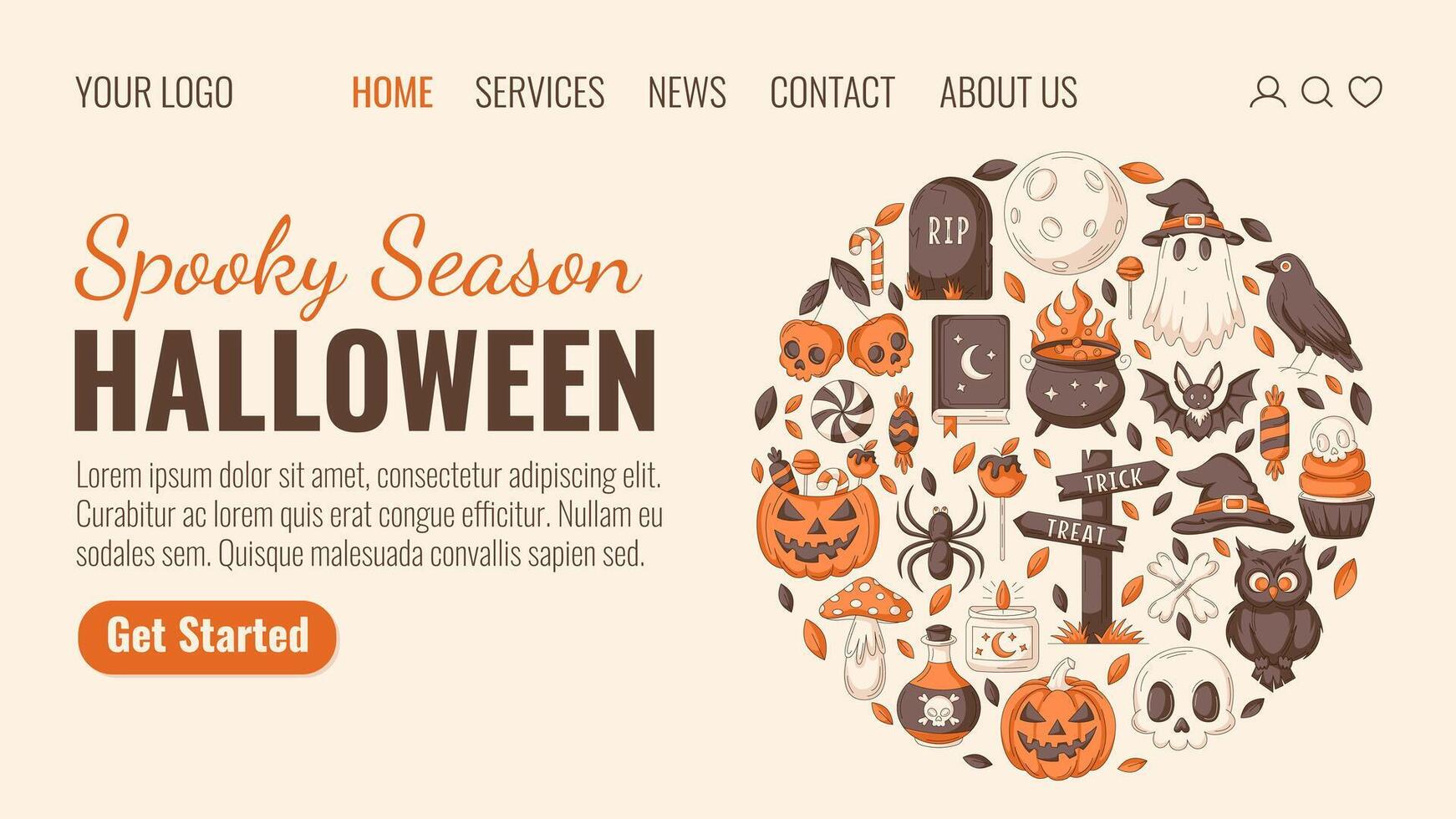 Halloween landing page template. Holiday flat illustration, round shape geometric figure with spooky, scary icons. For website, web page, online, banner, party. Autumn october celebration vector