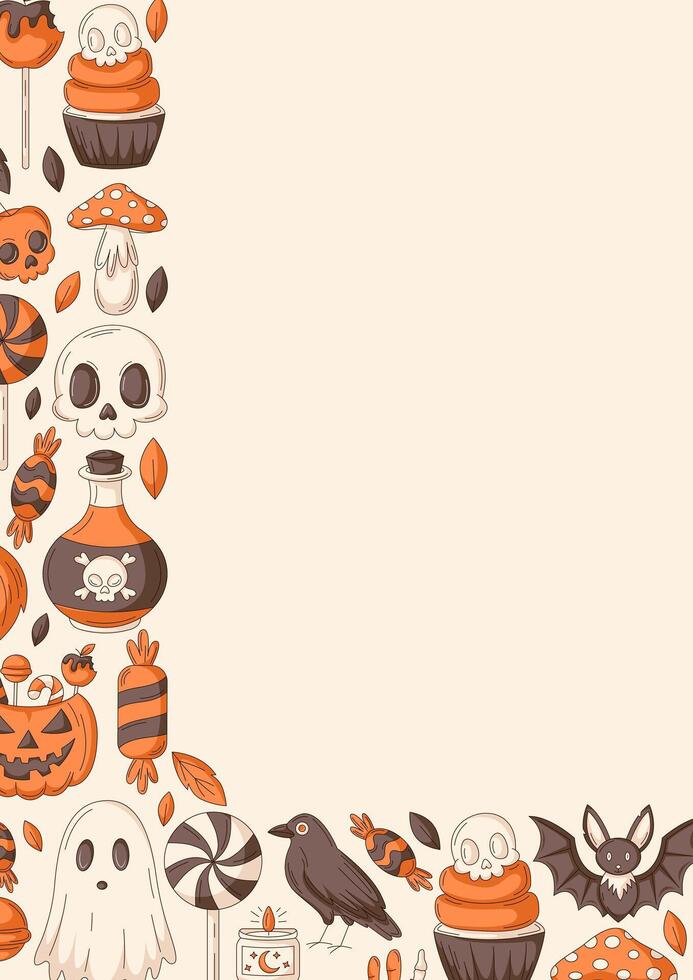 Halloween poster, vertical a4 background, space for text. Colorful scary icons corner border frame. Spooky ghost, skull, raven, holiday pumpkin, bat. For banner, invitation, party, planner vector
