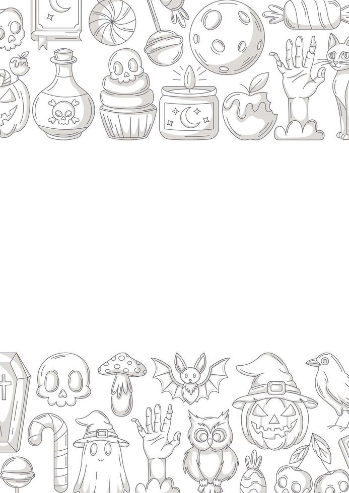 Halloween poster, vertical a4 background, space for text. Minimalist monochrome gray bottom and upper frame. Holiday icons, skull, ghost, pumpkin, sweets, zombie hand. For card, banner, invitation vector