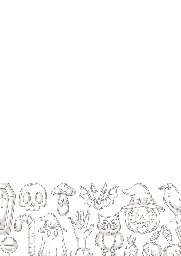 Halloween poster, vertical a4 background, space for text. Minimalist monochrome gray bottom frame. Holiday elements, skull, ghost, pumpkin, sweets, zombie hand. For card, banner, invitation, planner vector