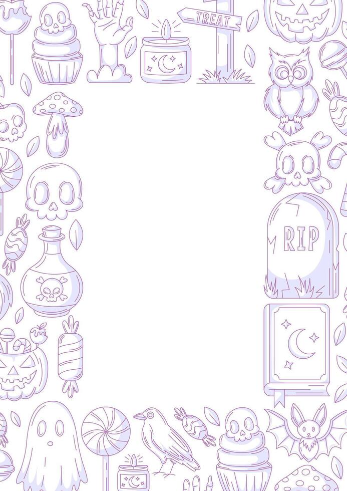 Halloween poster, vertical a4 background, space for text in the middle. Minimalist purple scary icons border frame. Spooky ghost, skull and bones, bat. For banner, invitation, party, planner vector