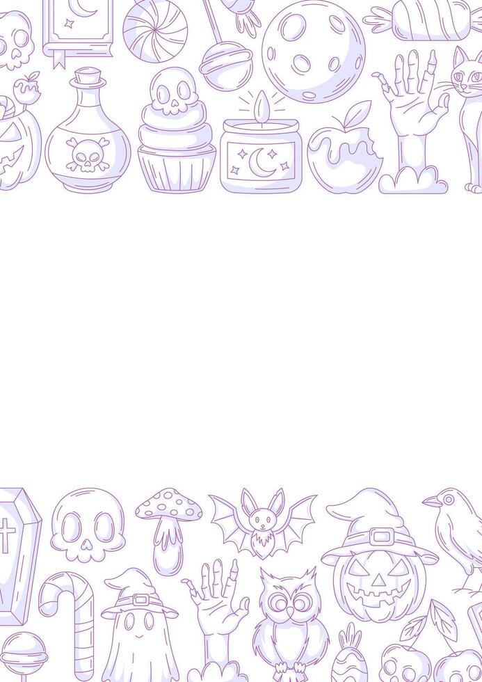 Halloween poster, vertical a4 background, space for text. Minimalist monochrome purple bottom and upper border frame. Holiday elements, skull, ghost, pumpkin, sweets. For card, banner, invitation vector