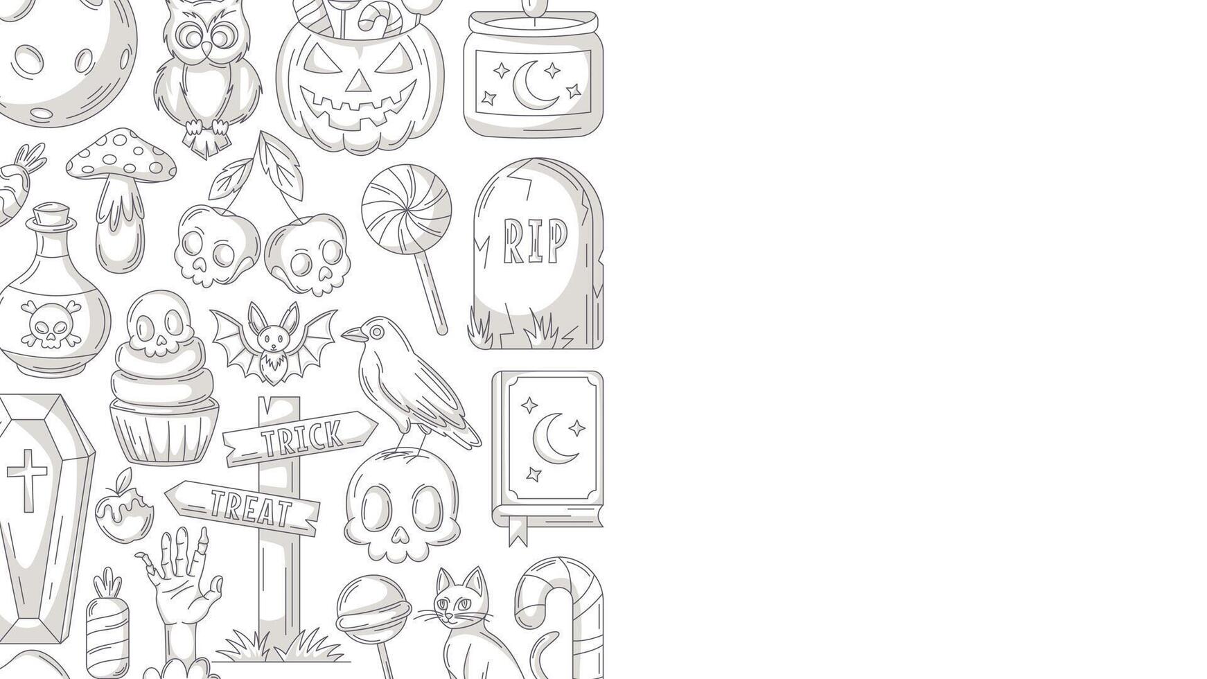 Halloween minimalist background, horizontal poster with spooky, scary icons. Flat illustration, monochrome gray side border frame, space for text. For greeting card, party, invitation, banner vector