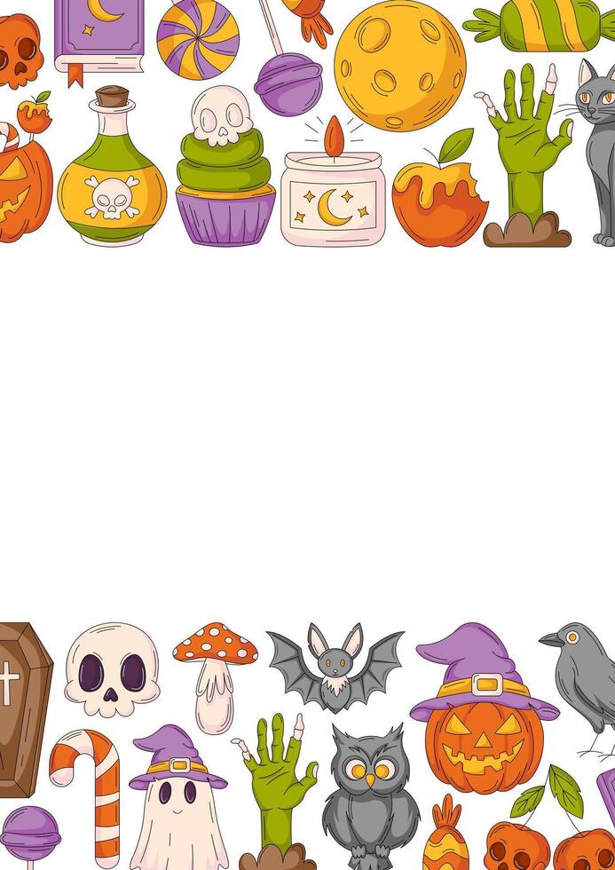 Halloween poster, vertical a4 background, space for text in the middle. Colorful bottom and upper border frame with holiday elements, skull, ghost, pumpkin, sweets. For card, banner, invitation, party vector