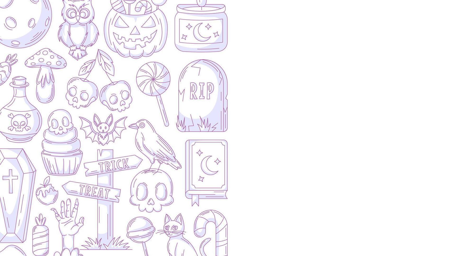 Halloween minimalist background, horizontal poster with spooky, scary icons. Flat illustration, monochrome purple side frame, space for text. For greeting card, party, invitation, banner vector