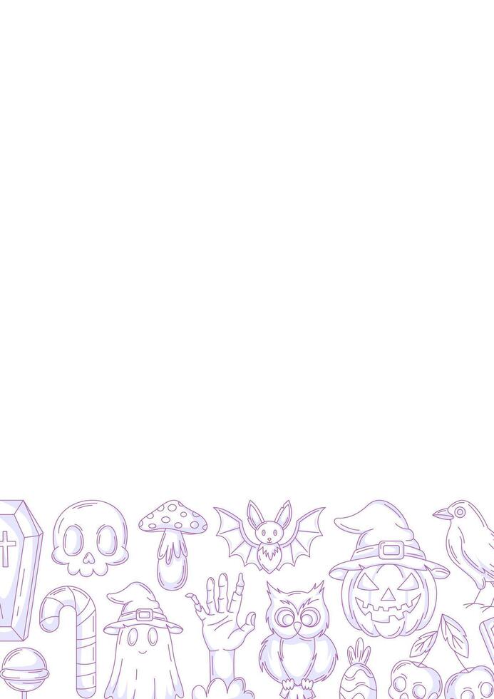 Halloween poster, vertical a4 background, space for text. Minimalist monochrome purple bottom frame. Holiday elements, skull, ghost, pumpkin, sweets, zombie hand. For card, banner, invitation, party vector
