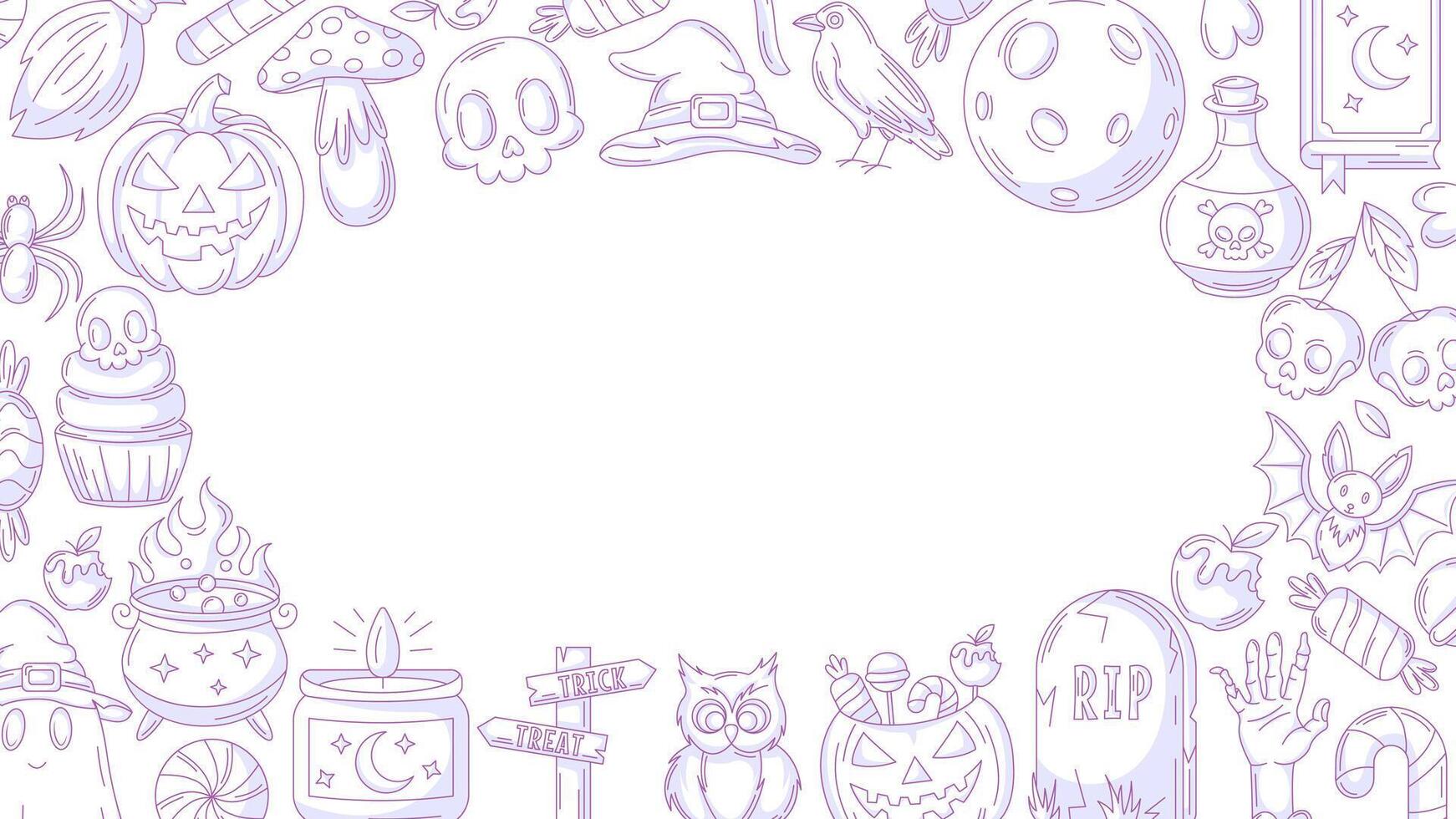 Halloween minimalist background, horizontal poster or banner with spooky, scary icons. Flat illustration, monochrome purple frame, space for text. For greeting card, party, invitation, holiday vector