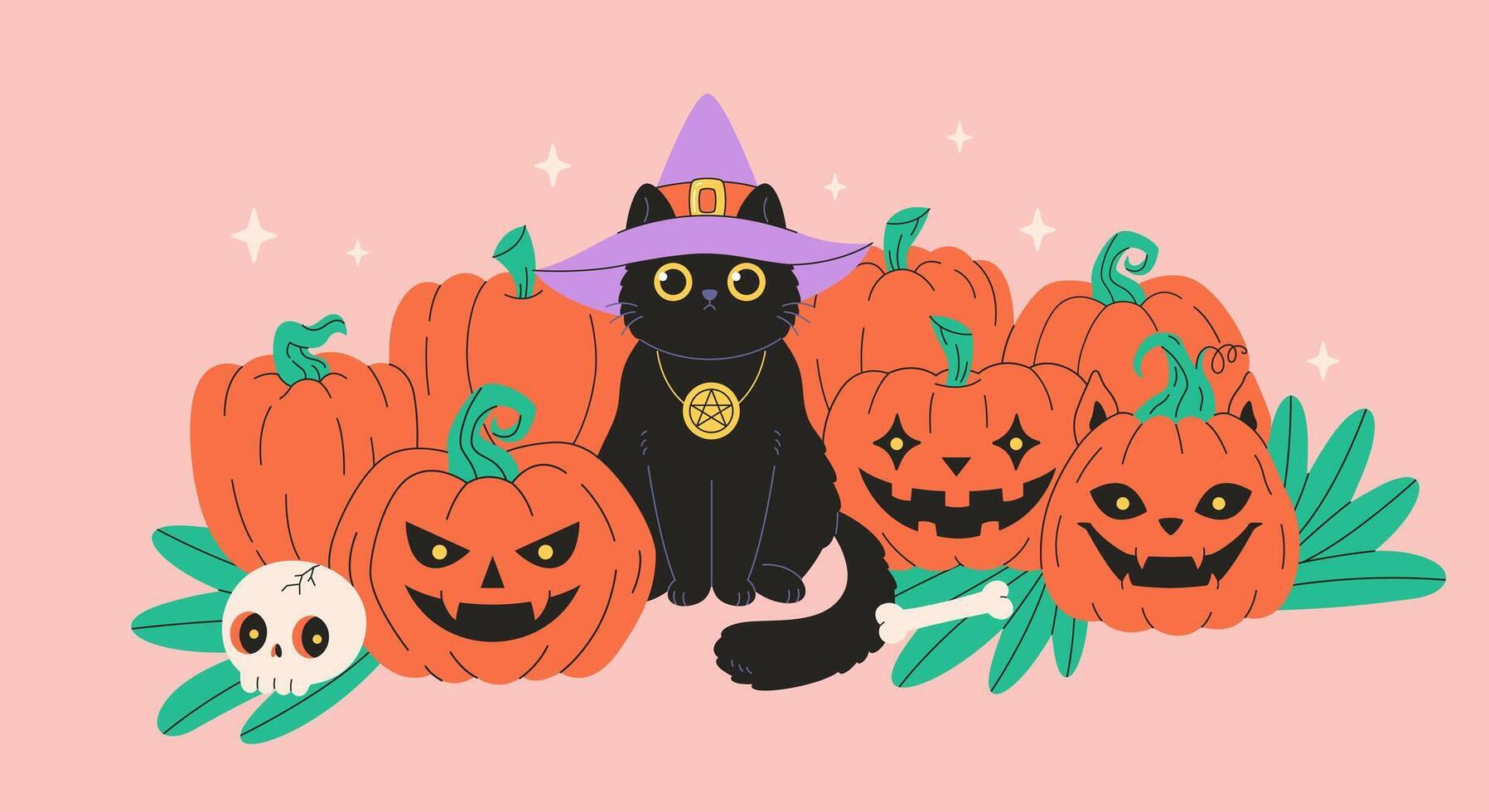 Happy Halloween greeting card with black cat in witch hat, pumpkins and skull. vector