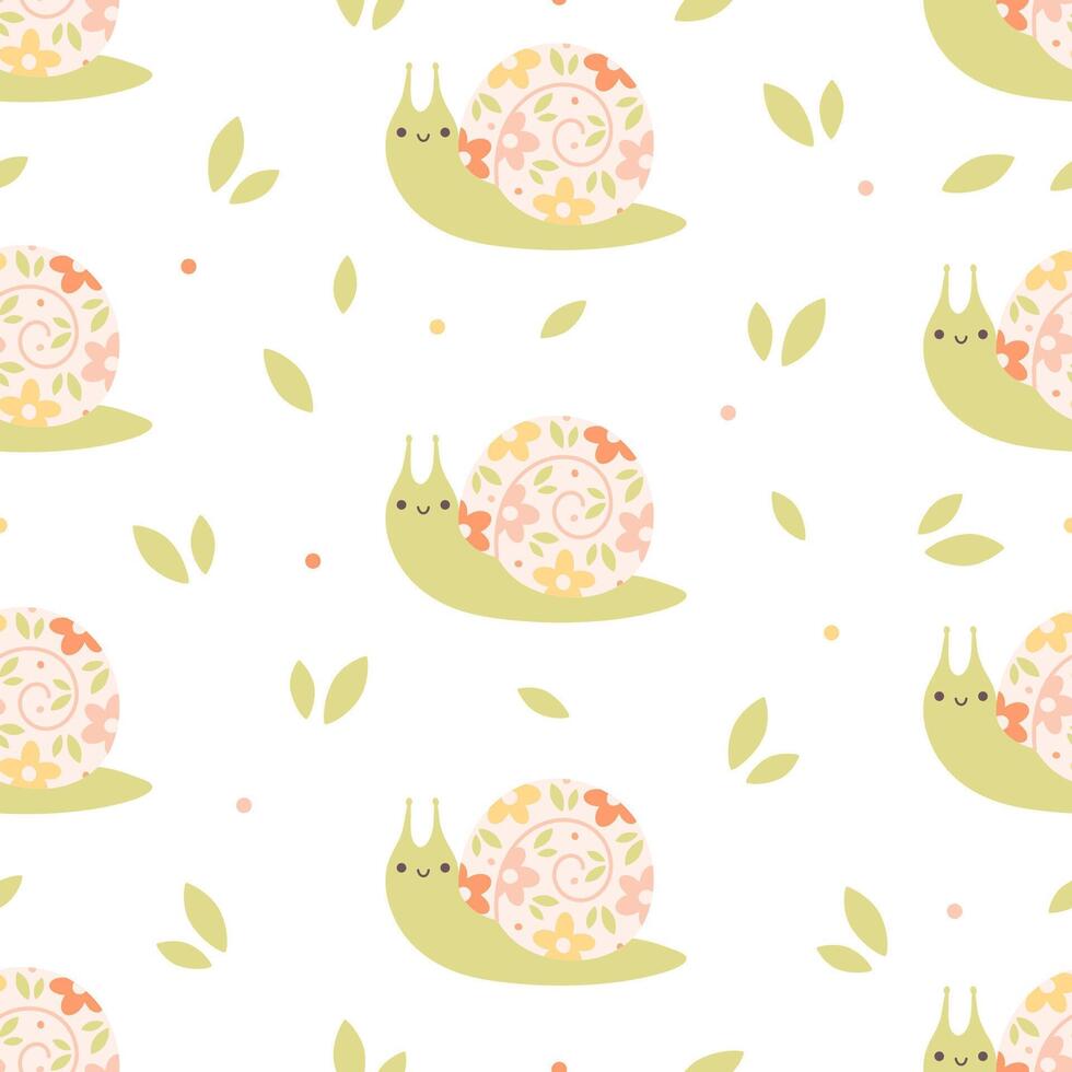 Seamless pattern with cute snails and flowers. Spring and summer seamless pattern vector