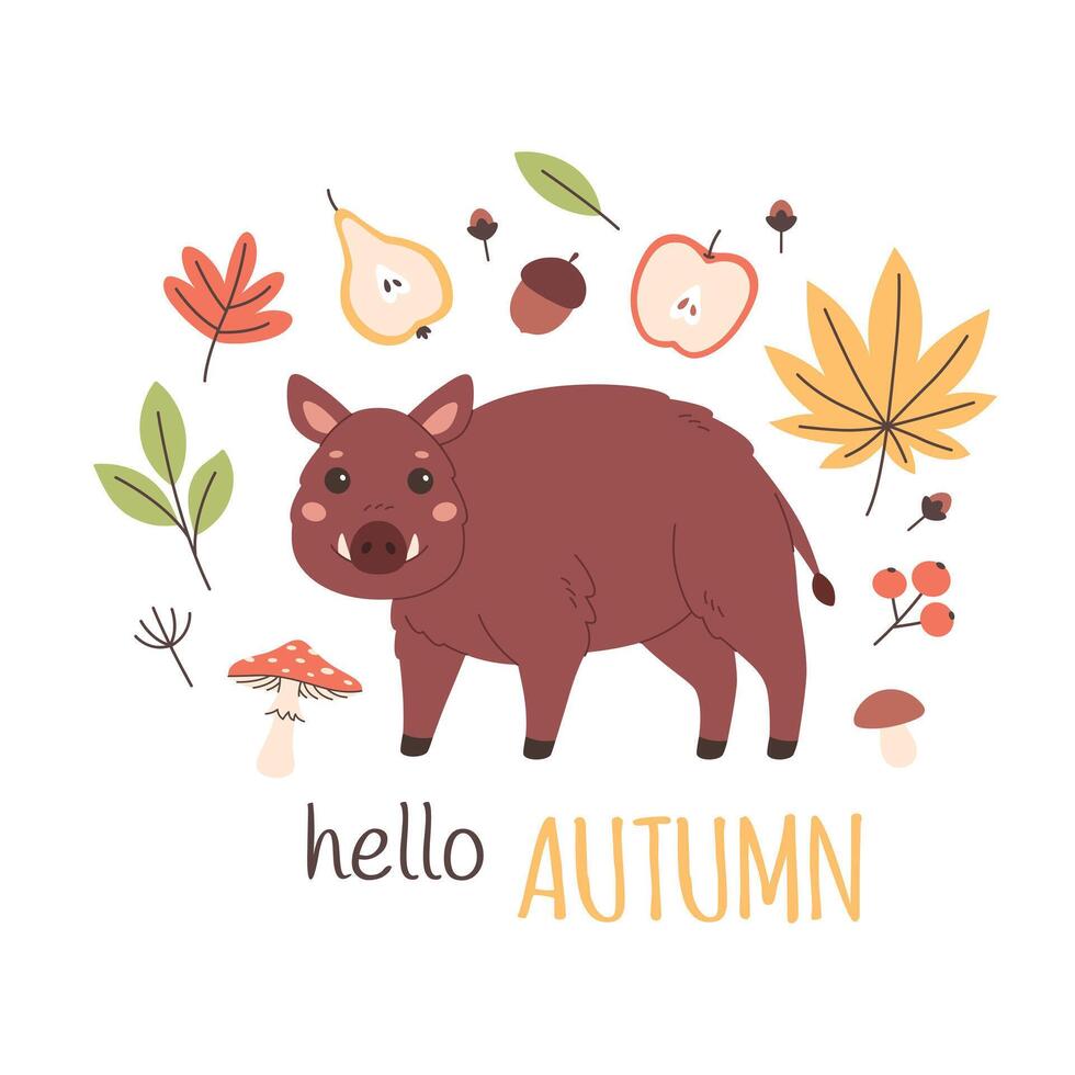 Cute wild boar with autumn leaves, mushrooms, fruits. Hello autumn greeting card vector