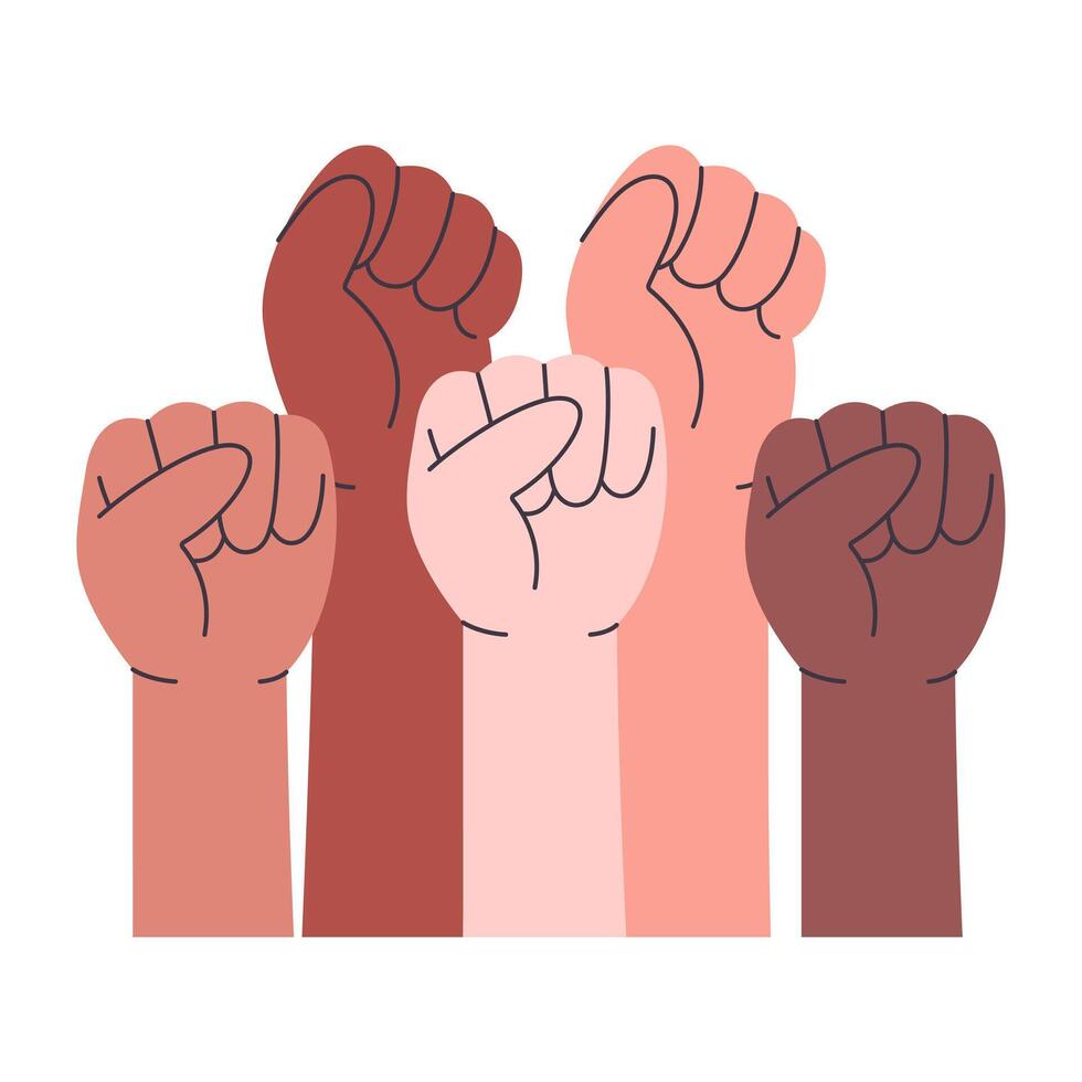People of different nationalities and races raise up fists. Protest, racial equality. Fight for your rights. Human hands with clenched fists vector
