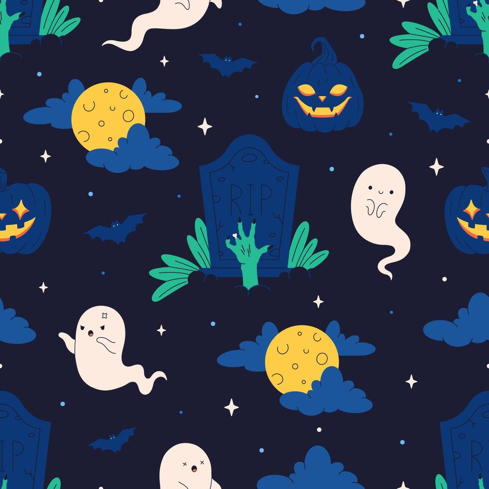 Halloween seamless pattern with ghosts, full moon, grave. Print for banners, wallpapers, textiles, wrapping paper. vector