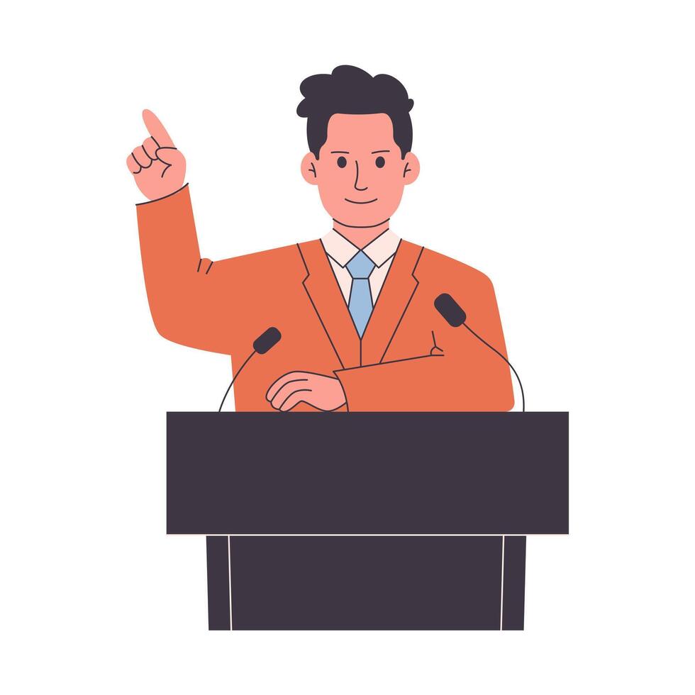 Public speech of male leader and politician on stage with microphone. Political debates concept with candidates vector