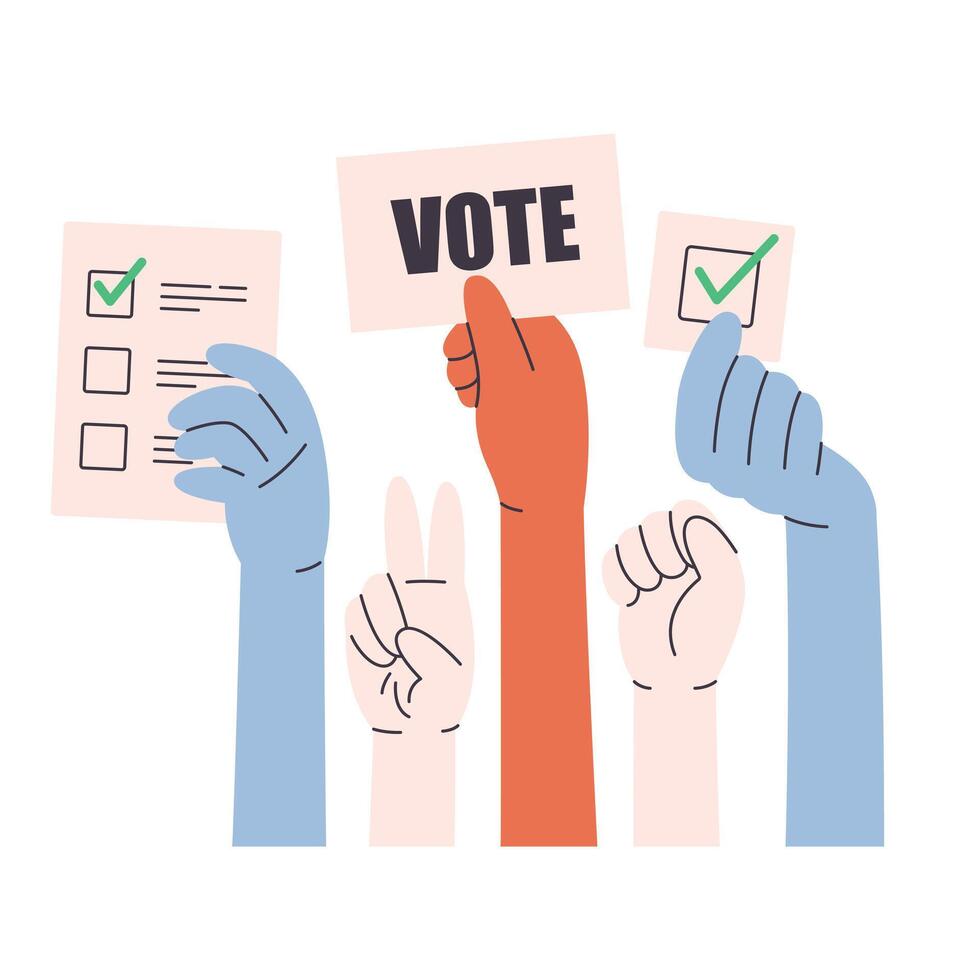 Human hands holding vote ballots, participate in voting. Voting and elections vector