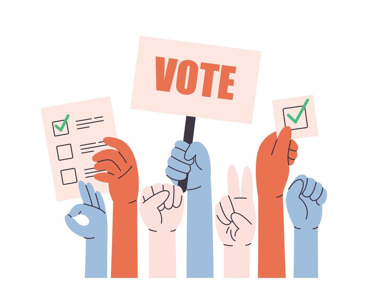 Human hands holding vote ballots, participate in voting. Voting and elections concept. vector