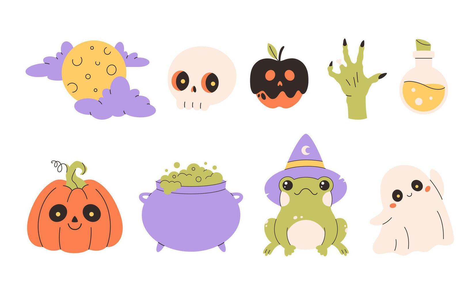 Halloween stickers set of ghosts, pumpkin, potions, frog, full moon, zombie hand, cauldron. vector