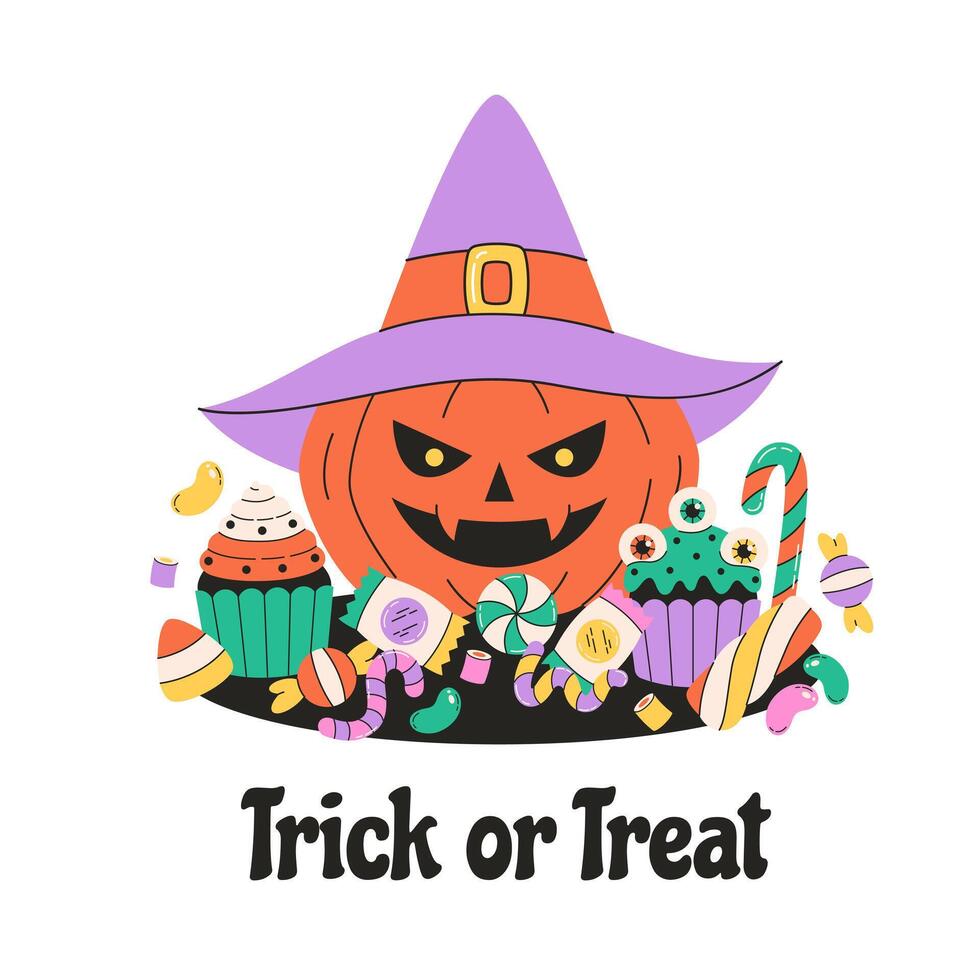Pumpkin with creepy sweets and candies. Happy Halloween, Trick or treat. vector