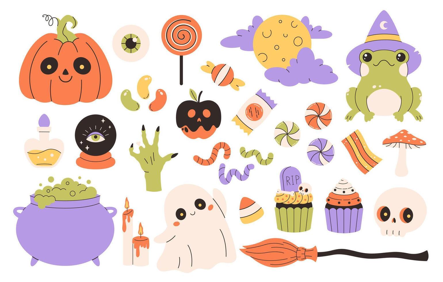 Halloween stickers set with ghost, pumpkin, cauldron, potion, frog, full moon, candies, eye, broom, skull. vector
