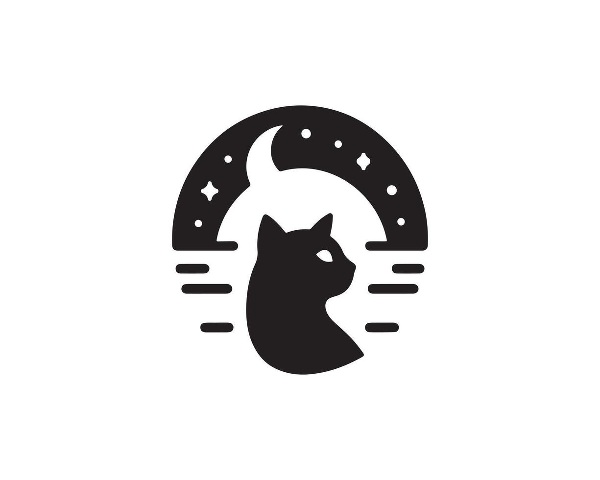 a black and white logo of a cat with the moon in the background vector