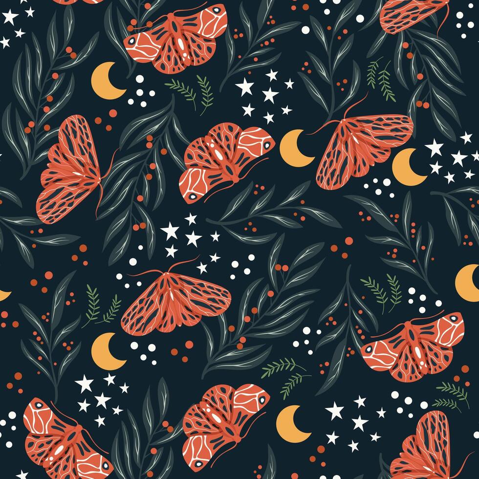 Enchanted Woodland Night - moth pattern on dark background with flora and stars vector