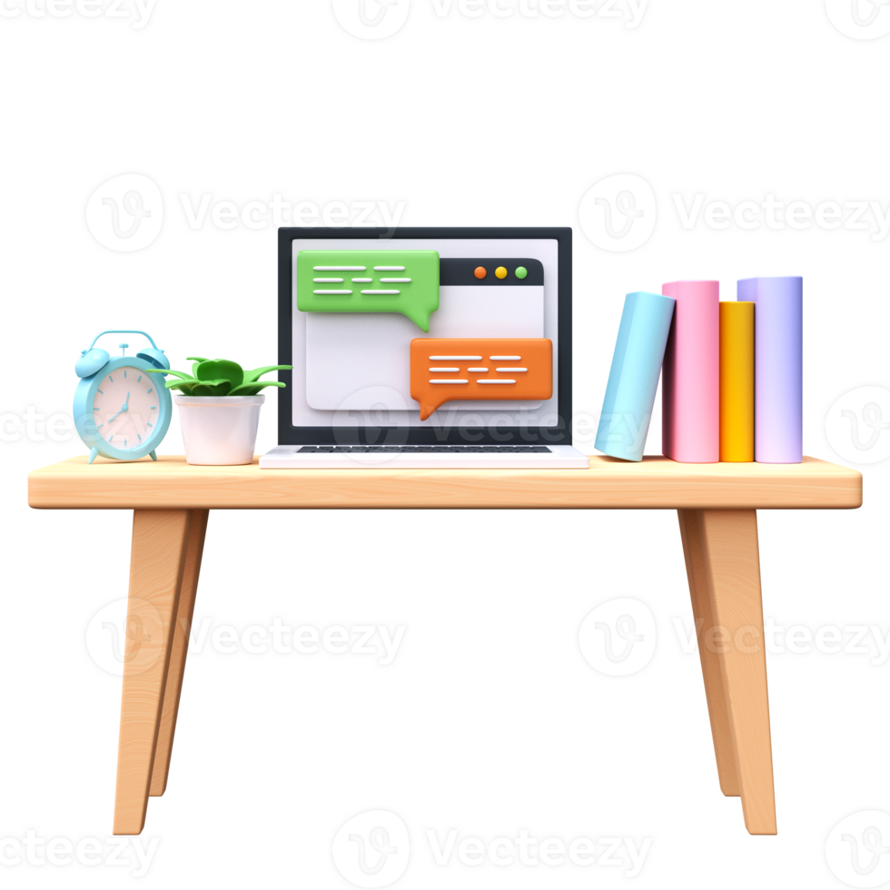 Work table with laptop, books and alarm clock. 3d workplace png