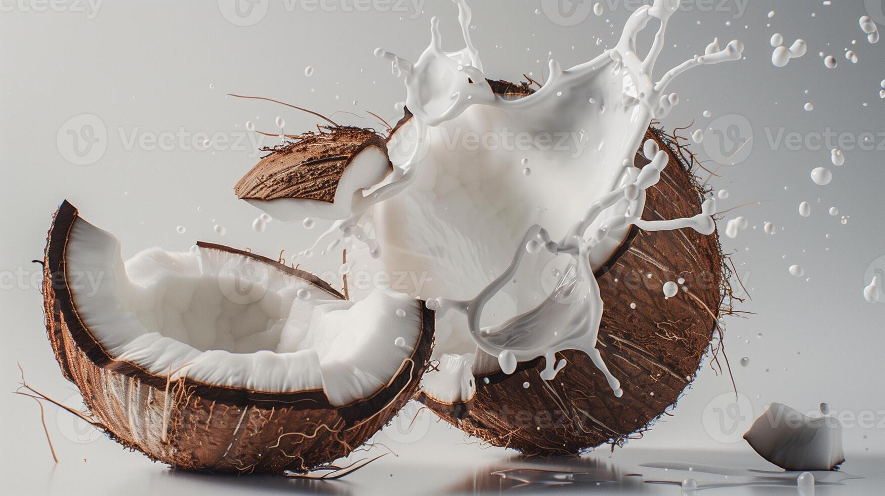 Dynamic coconut slice flowing milk water for branding ingredient photo