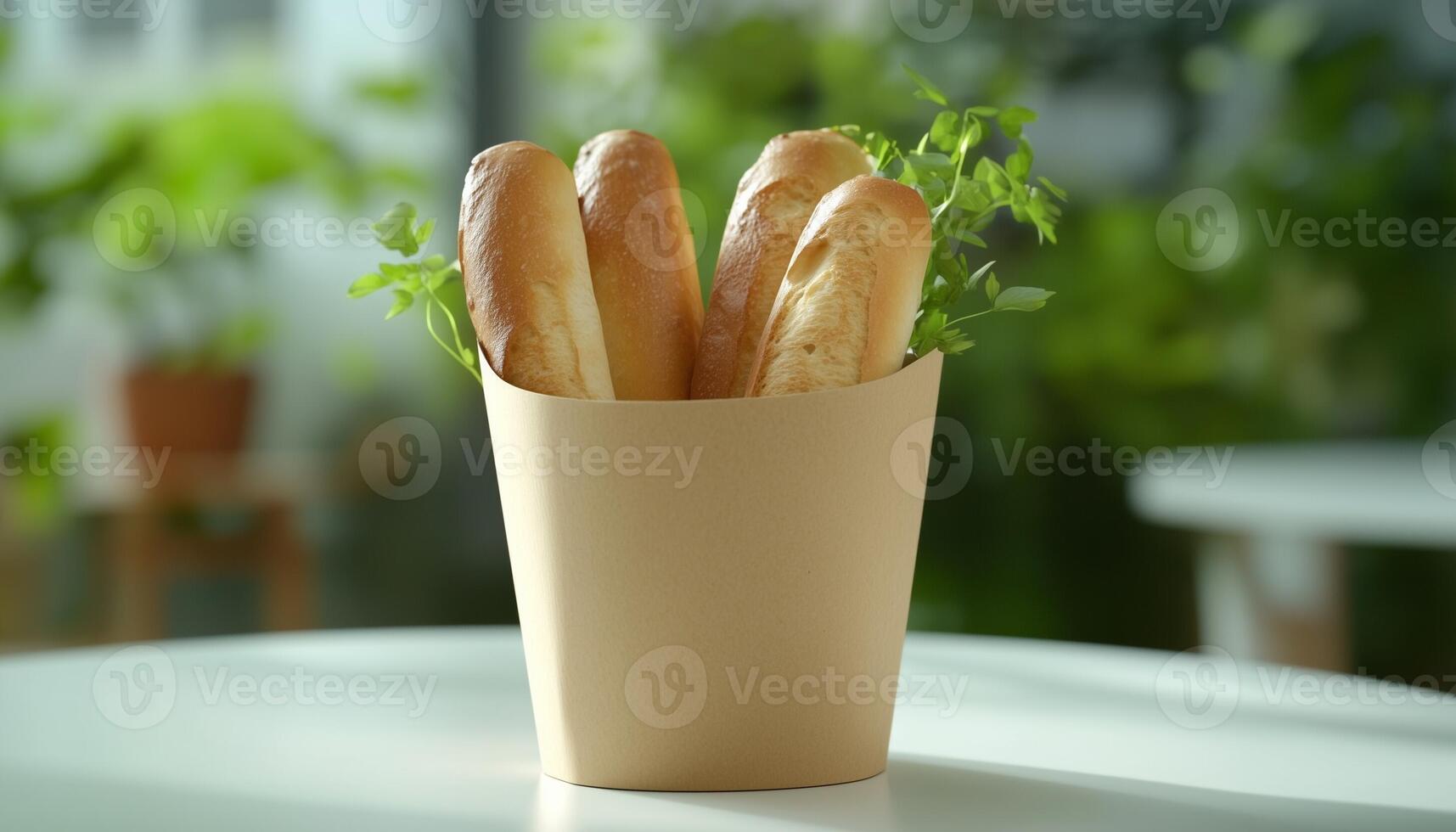 Breakfast baguettes on brown paper craft take away disposable bowl in ceramic white table photo