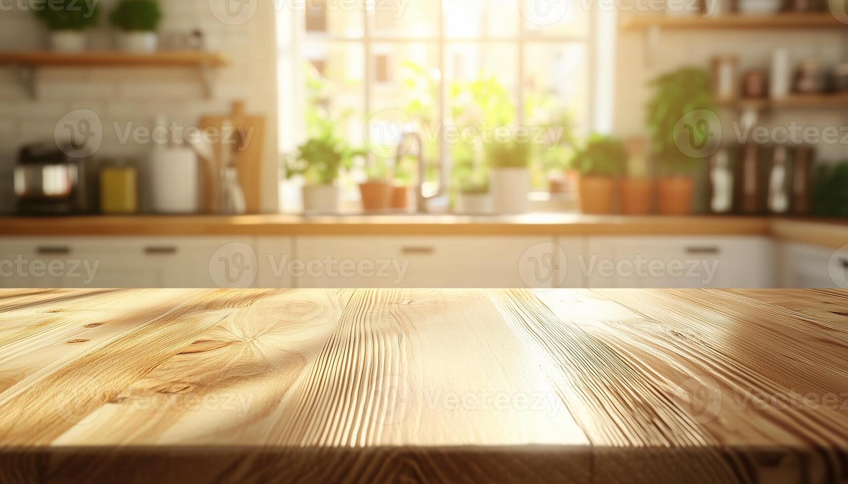 Brown wooden table kitchen counter display copy space with blurred light background photo