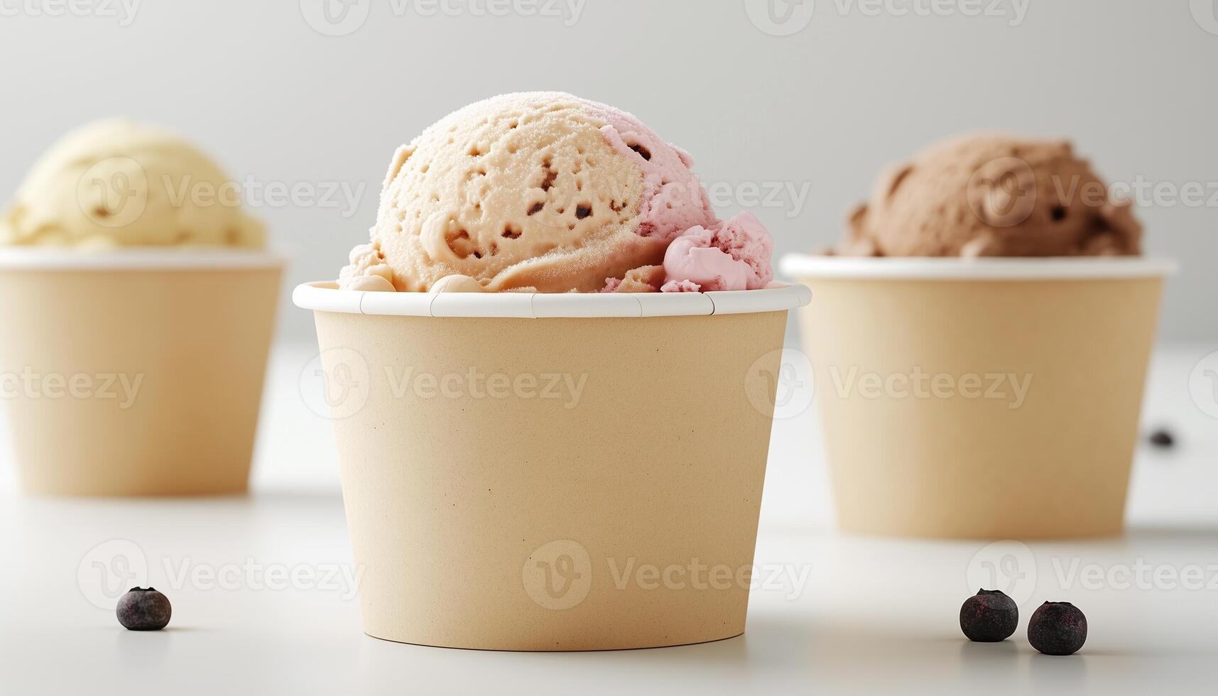 Ice cream scoop on craft paper cup disposable take away cold dessert in white table photo