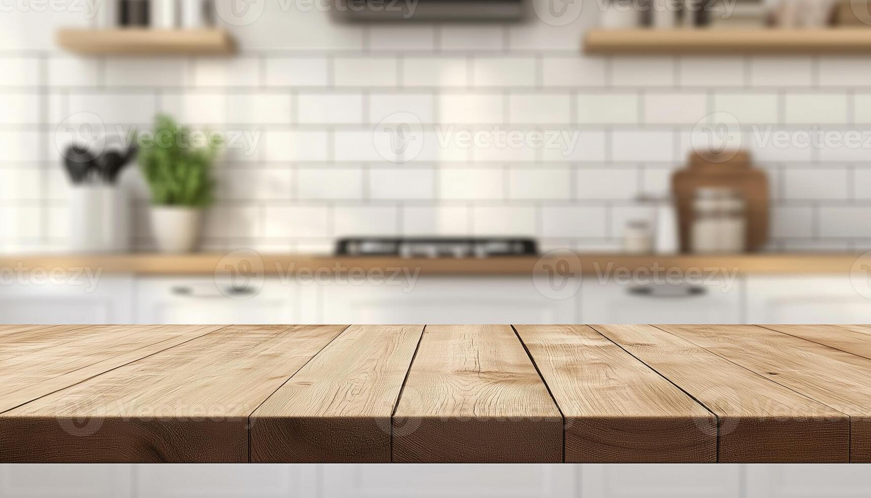 Brown wooden table kitchen counter display copy space with blurred light background photo