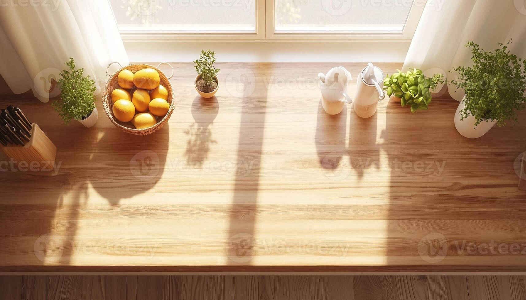 Brown wooden table kitchen counter display copy space with blurred light background photo