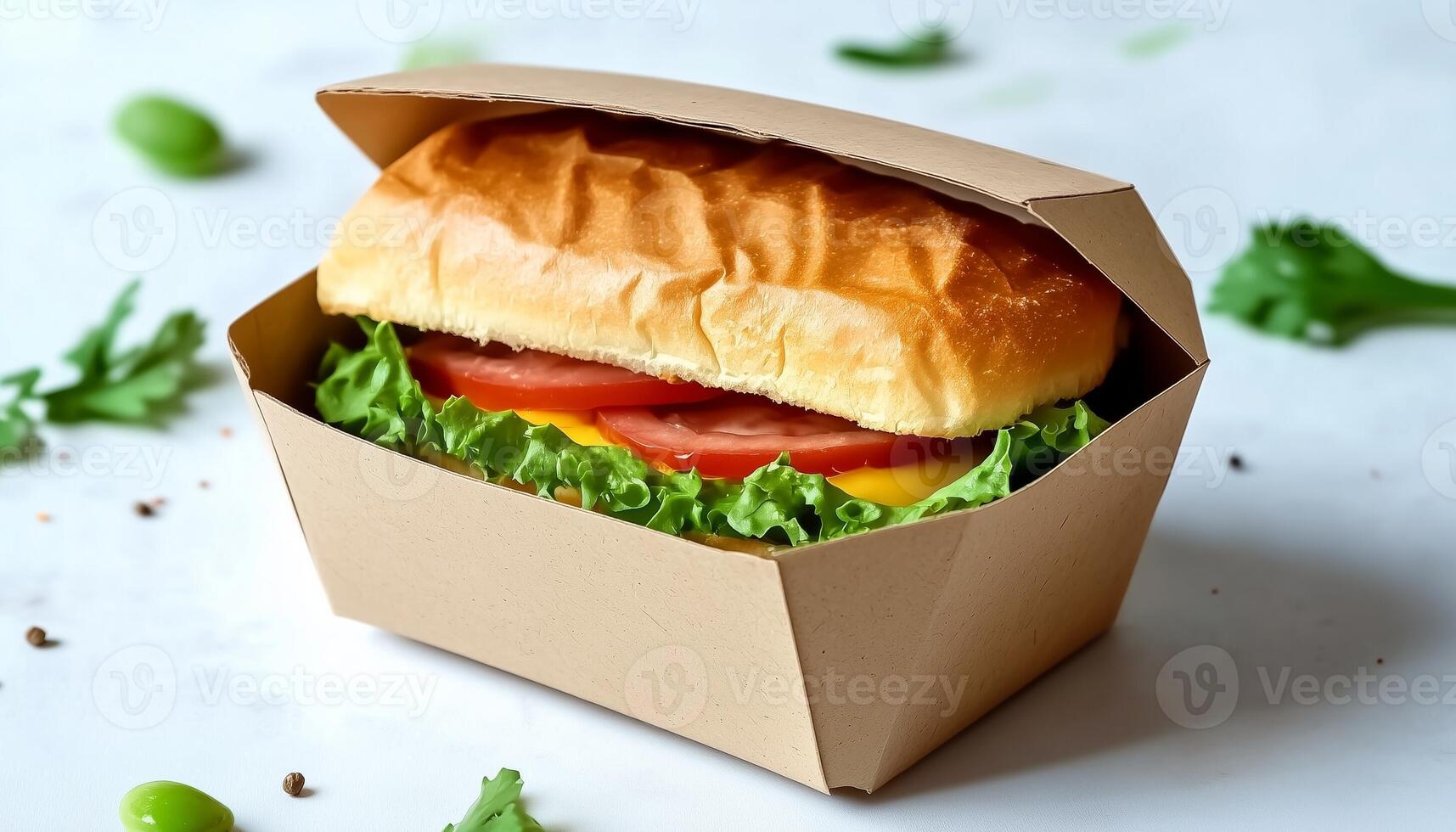 Fast food sandwich on paper bowl craft disposable restaurant in white table photo