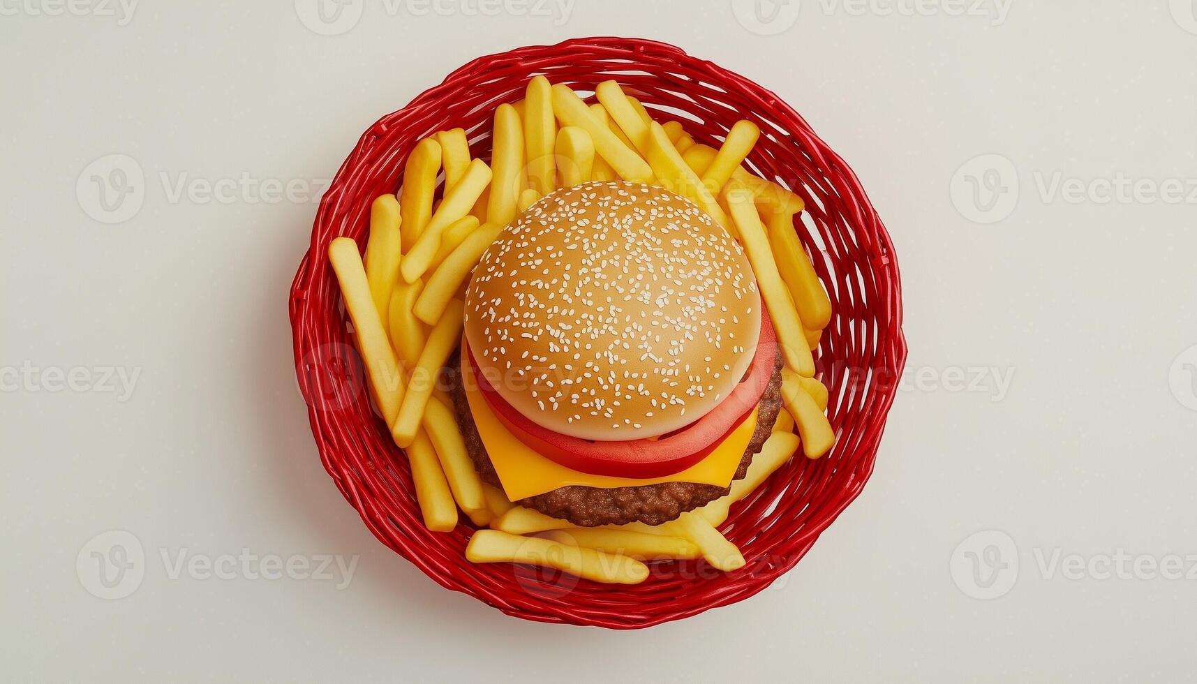 Food waste junk food potato fries, hamburger disaster in white table photo