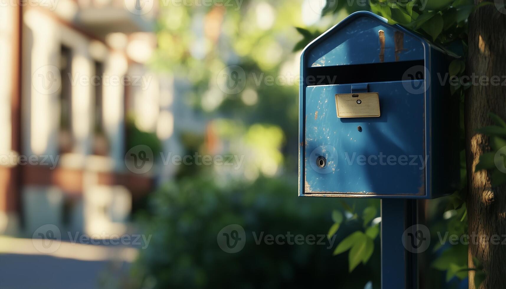 Mail box blue metal in front fence house container shipment paper or news photo