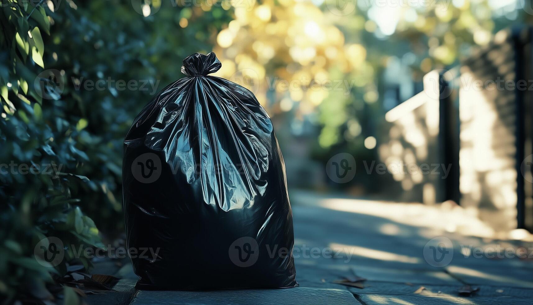 Plastic household waste on the front porch of the house waiting to be picked up by the cleaning crew photo