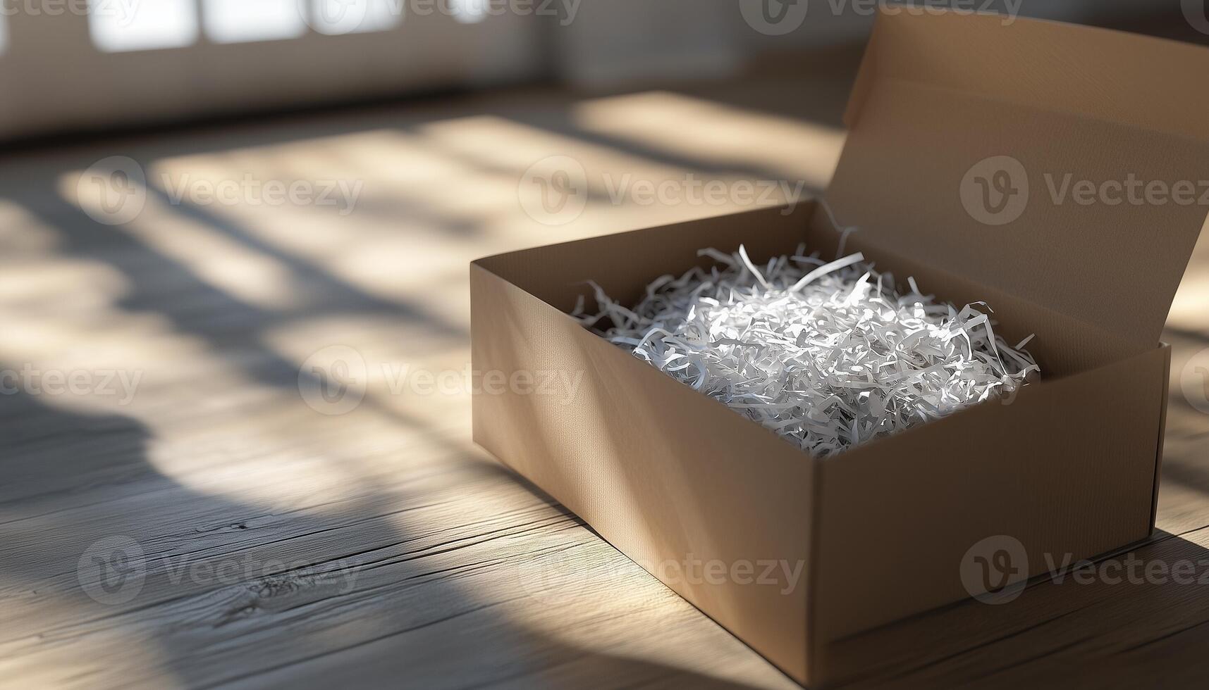 Cardboard brown box with shredded paper safety fragile product delivery shipment photo