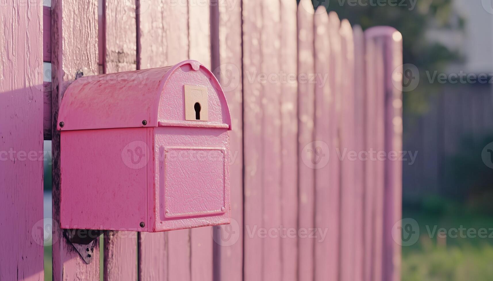 Mail box pink metal in front fence house container shipment paper or news photo