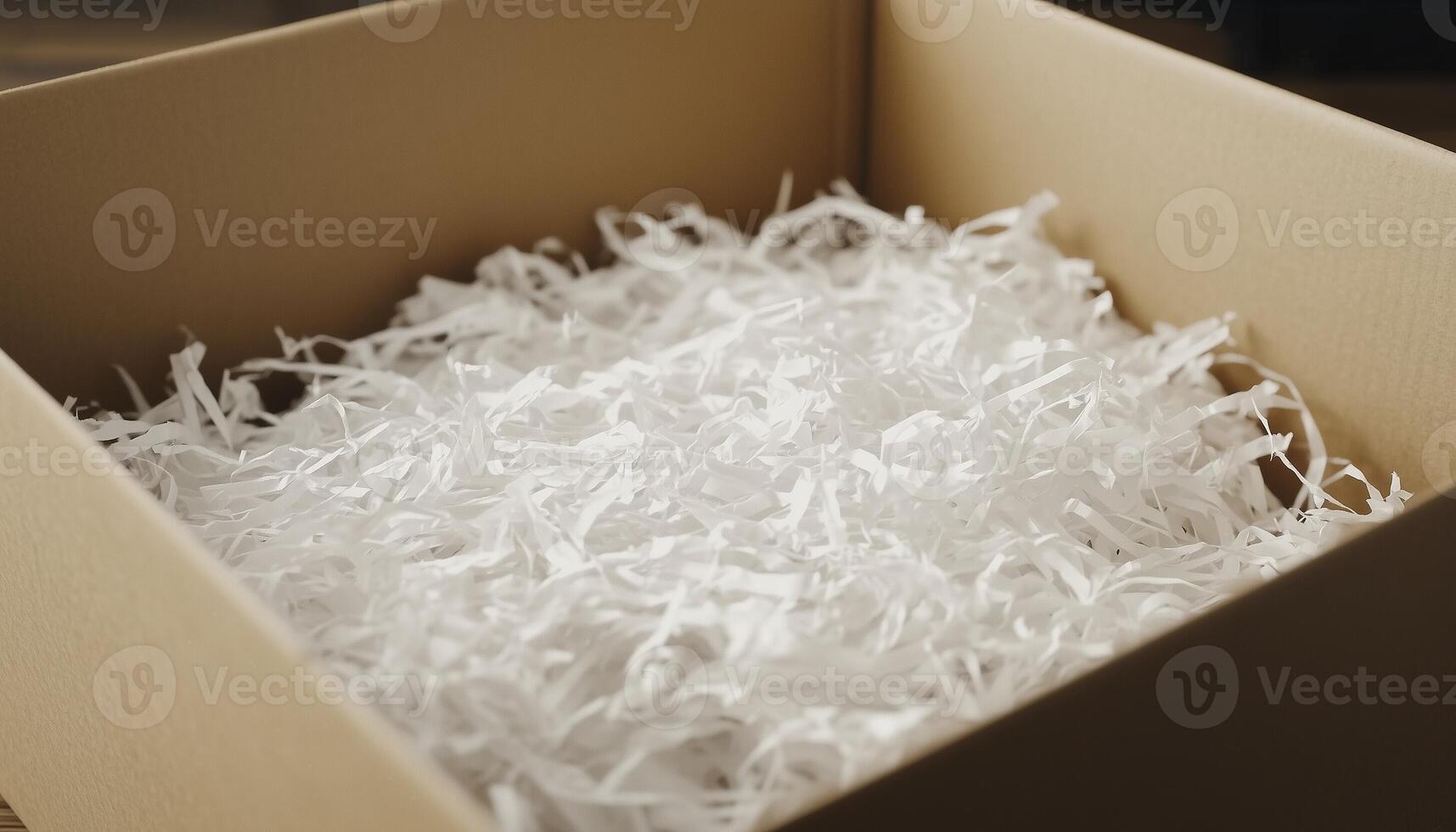 Cardboard brown box with shredded paper safety fragile product delivery shipment photo