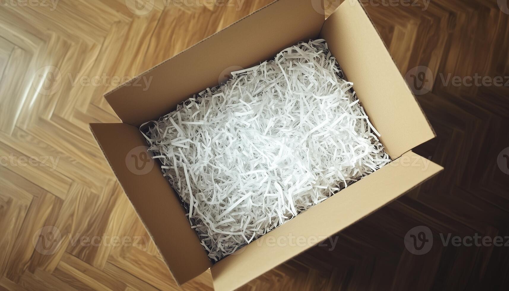 Cardboard brown box with shredded paper safety fragile product delivery shipment photo