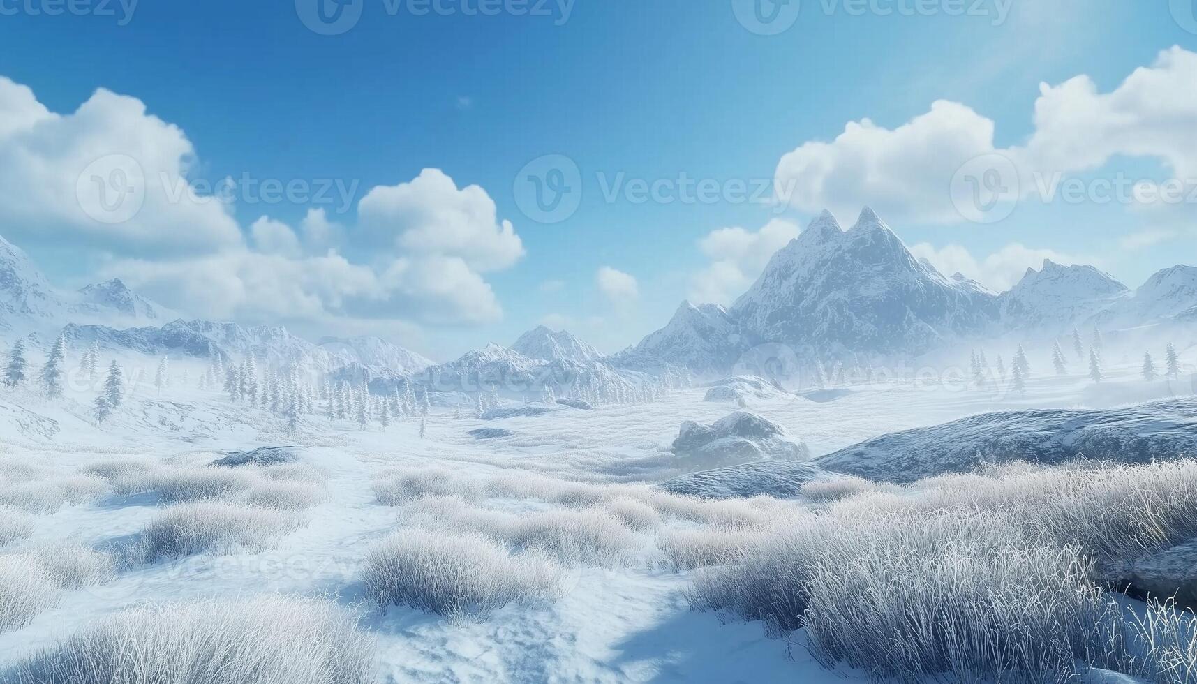 Snow covered landscape with frozen white tree and river winter season sky photo