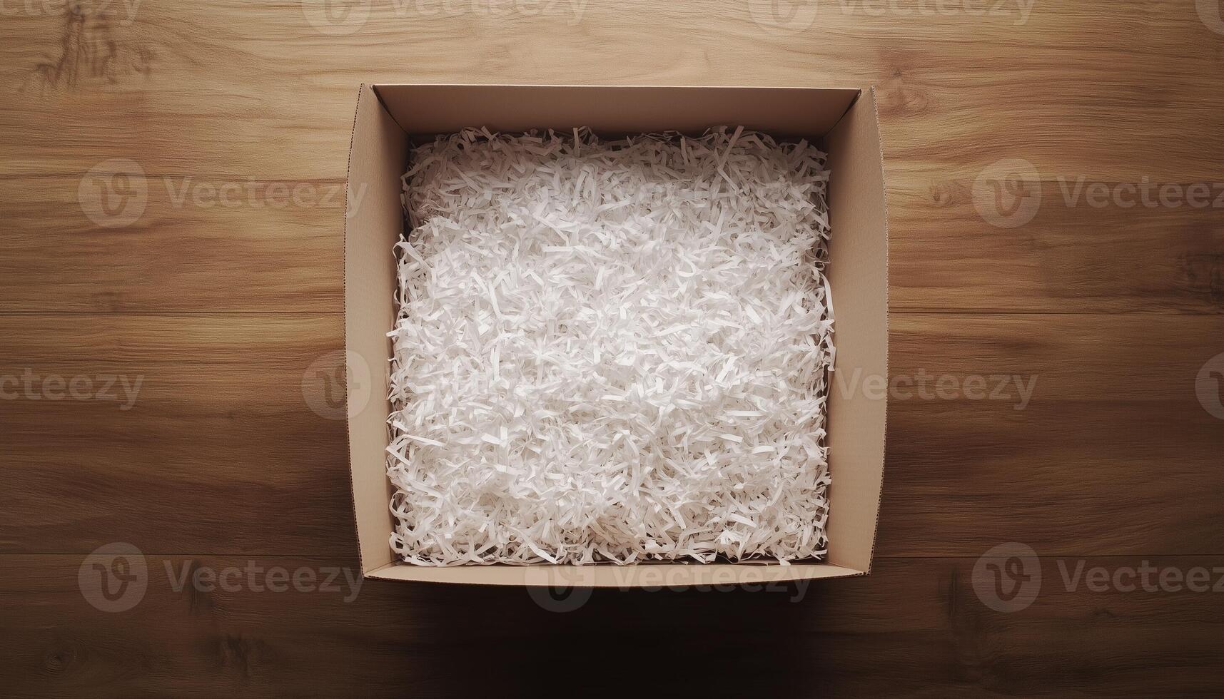 Cardboard brown box with shredded paper safety fragile product delivery shipment photo