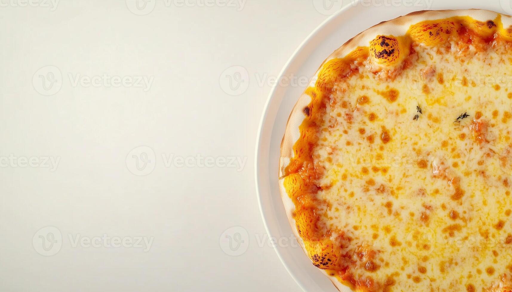 cheese pizza slice with topping on white plate and copy space background photo