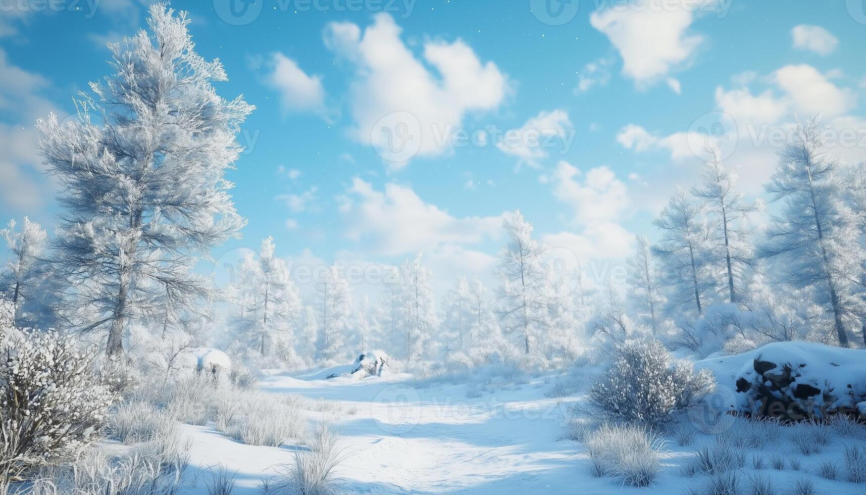 Snow covered landscape with frozen white tree and river winter season sky photo
