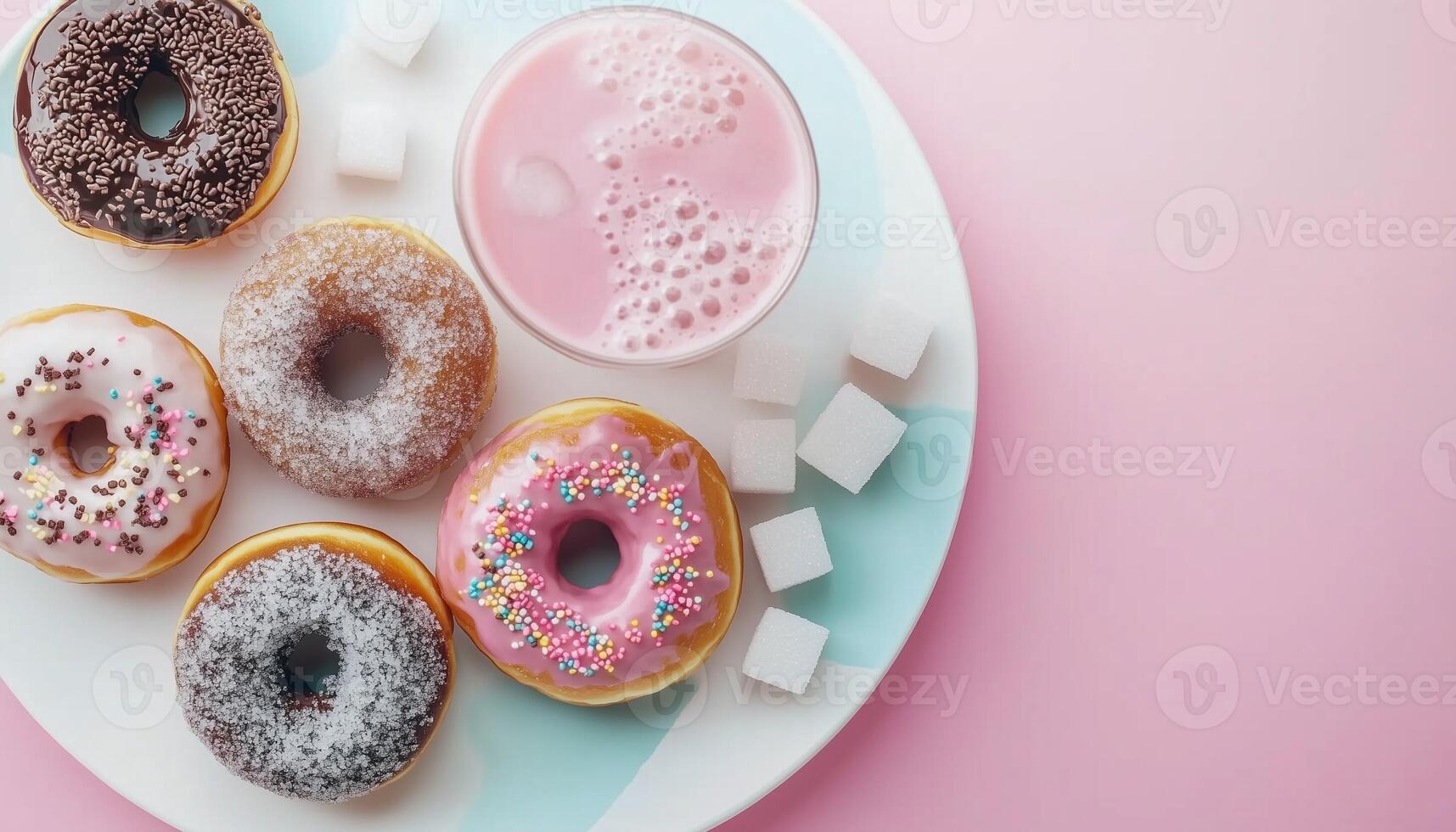 Donut and sugar cube sweet snack for party time on white plate flat lay background photo