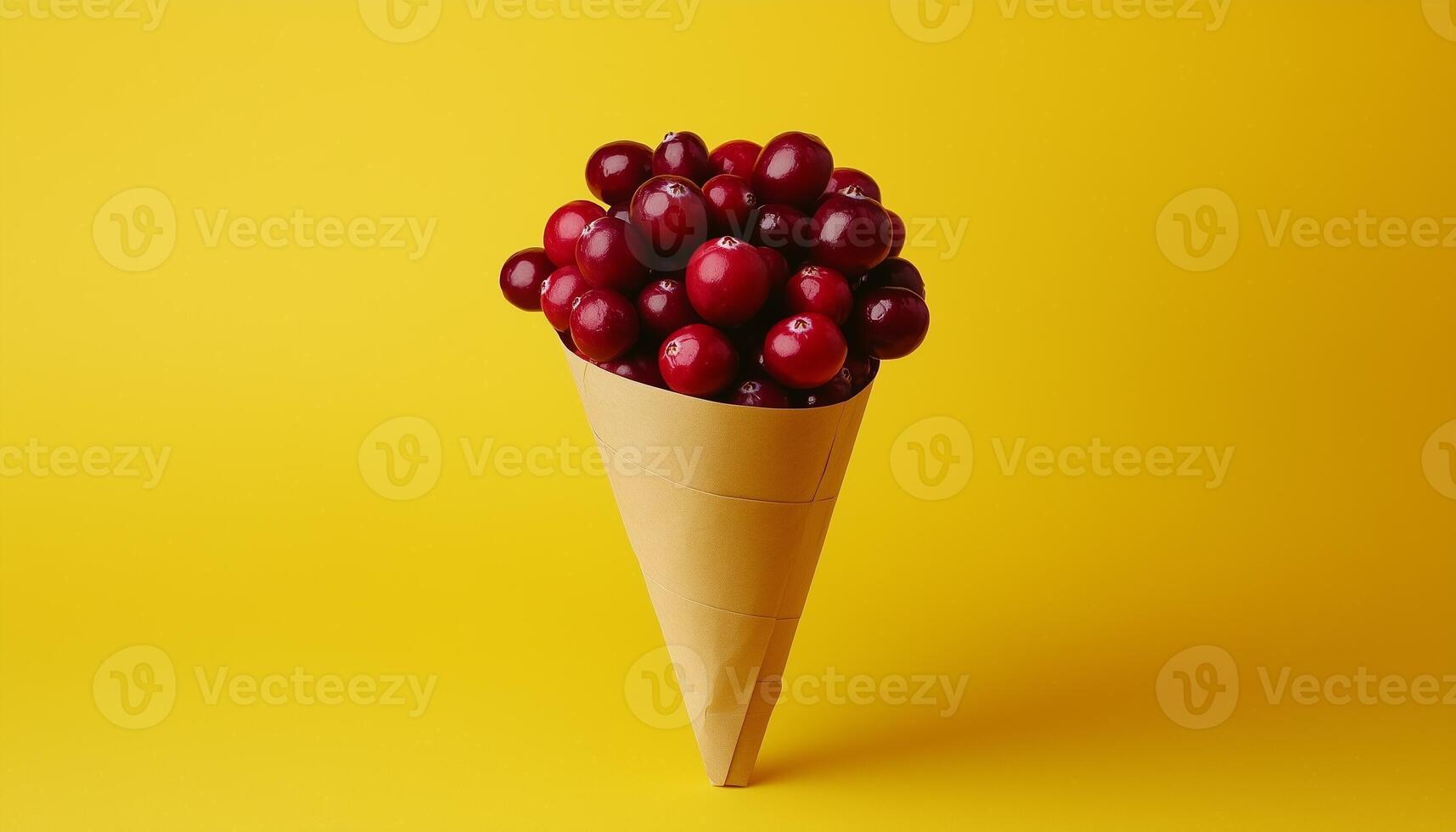 Fresh red cranberries on paper cone closeup yellow background photo