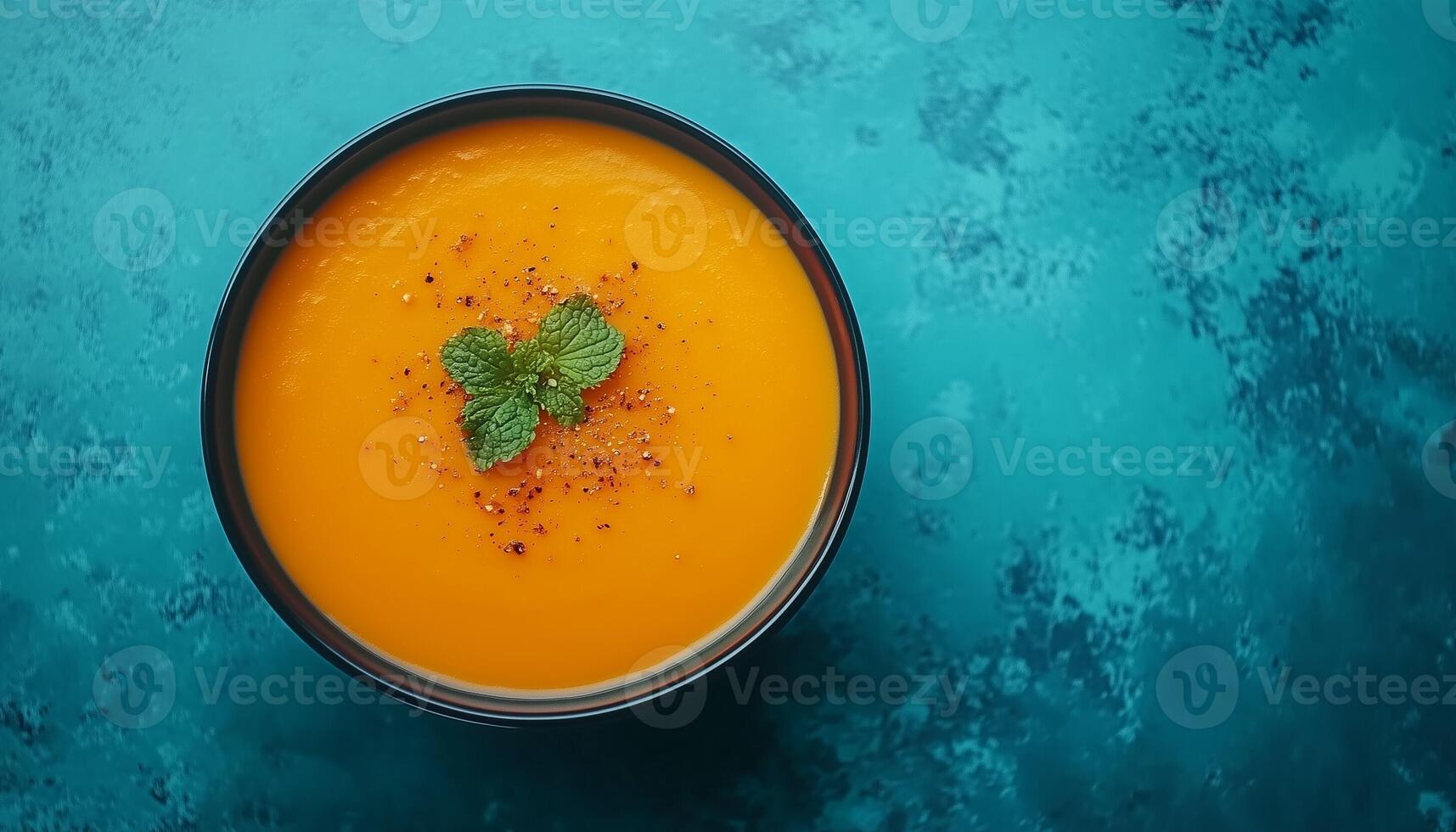 Carrot yellow soup cream on bowl copy space table background photo